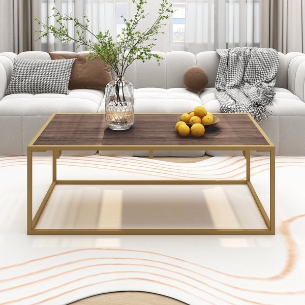 Alazyhome Modern Industrial Style Rectangular Wood Grain Top Coffee Table with Gold Metal Box Frame