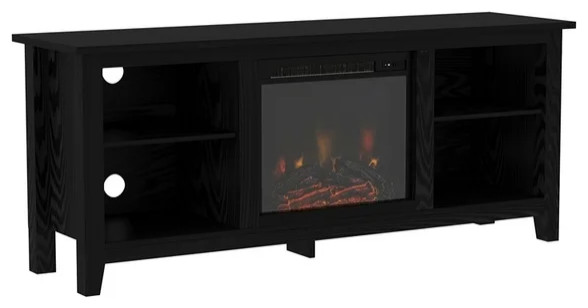 Classic Fireplace Entertainment Center  Open Shelves With Cord Management  Black   Traditional   Entertainment Centers And Tv Stands   by Declusia  Houzz