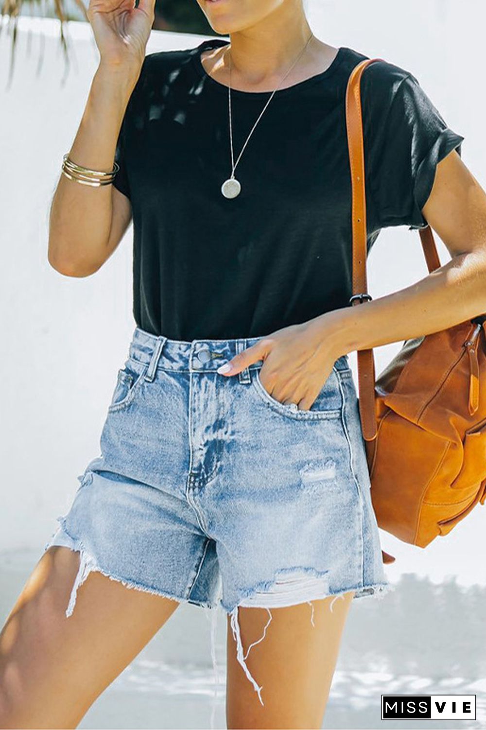 Sky Blue High Waist Distressed Washed Denim Shorts