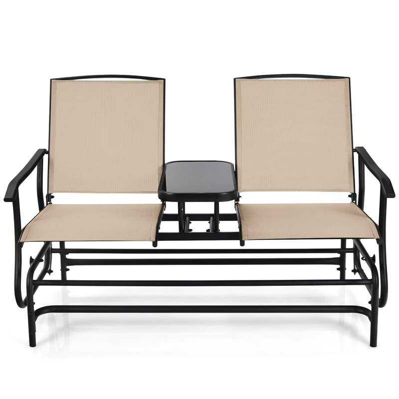 Outdoor 2-Person Rocking Loveseat Patio Bench Glider Chair with Center Tempered Glass Table