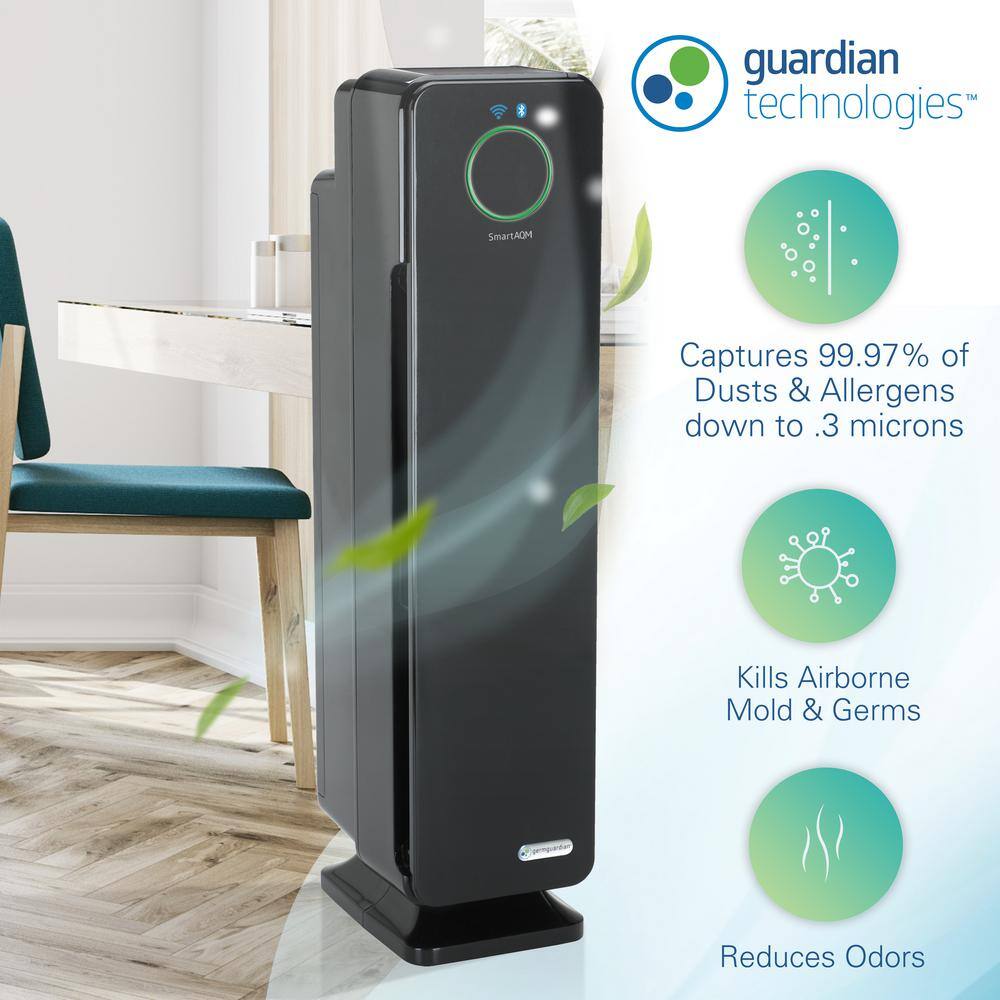 GermGuardian 28 in. Smart Elite 4-in-1 Air Purifier with True HEPA filter and Wifi for Medium Rooms up to 181 Sq. Ft. Black CDAP5500BCA