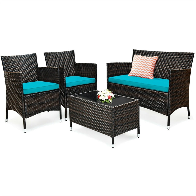 4 Pcs Rattan Wicker Patio Conversation Sets with Loveseat, Single Sofas, Coffe Table, Outdoor Bistro Set