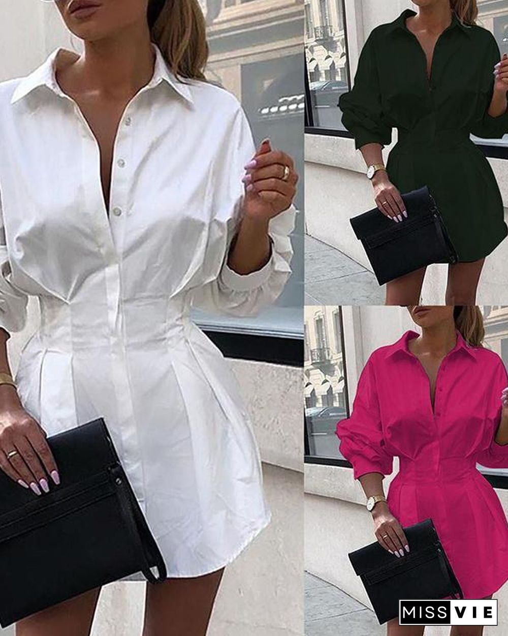 Solid Long Sleeve Tight Waist Shirt Dress