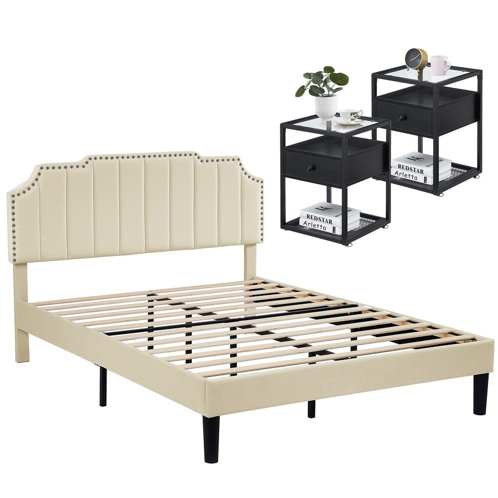 Bedroom Sets  15 Style Options  3 pieces Bedroom Set with Height Adjustable Upholstered Bed and Nightstands Set of 2 VECELO