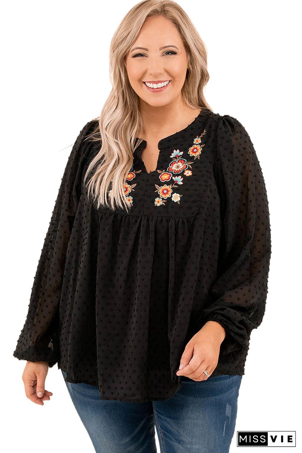 Black Embroidered Swiss Dot Texture Plus Size Blouse