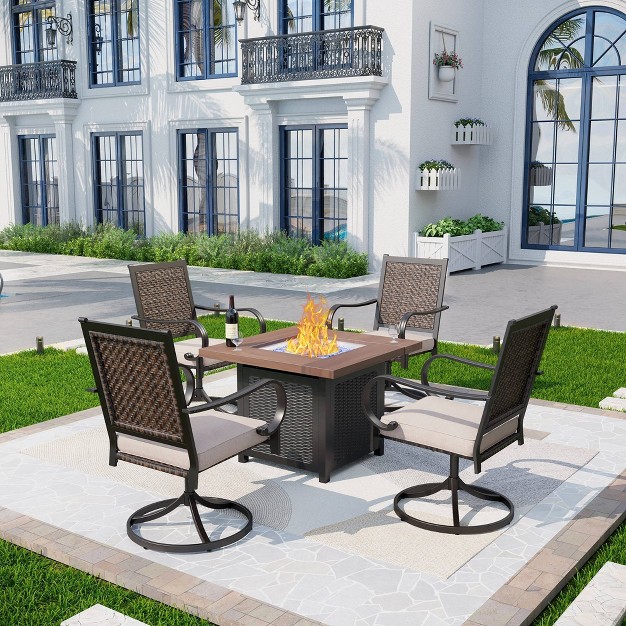 5pc Patio Dining Set With Fire Pit Table amp Wicker Rattan 360 Swivel Chairs Captiva Designs