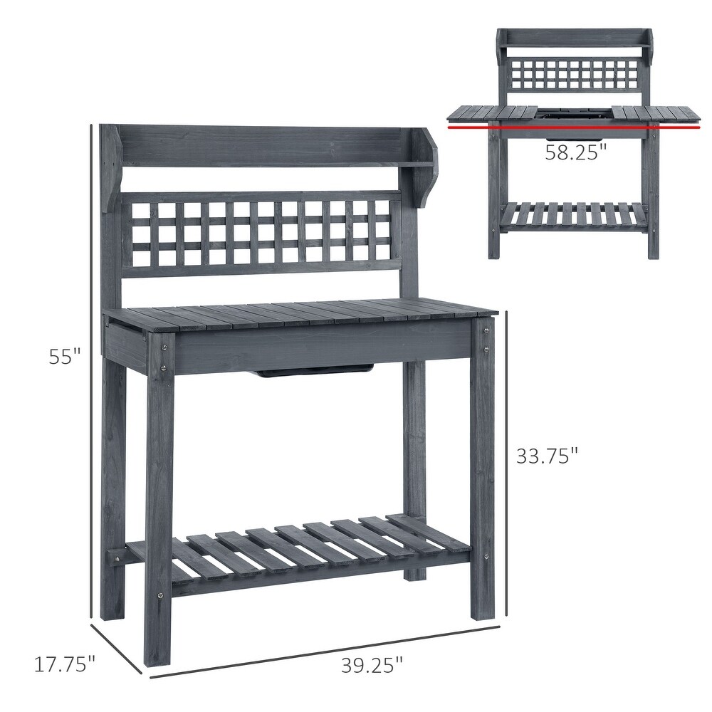 Outsunny 39'' x 18'' x 55'' Wood Garden Potting Work Table with Hidden Storage  Sink Basin    Below Clapboard