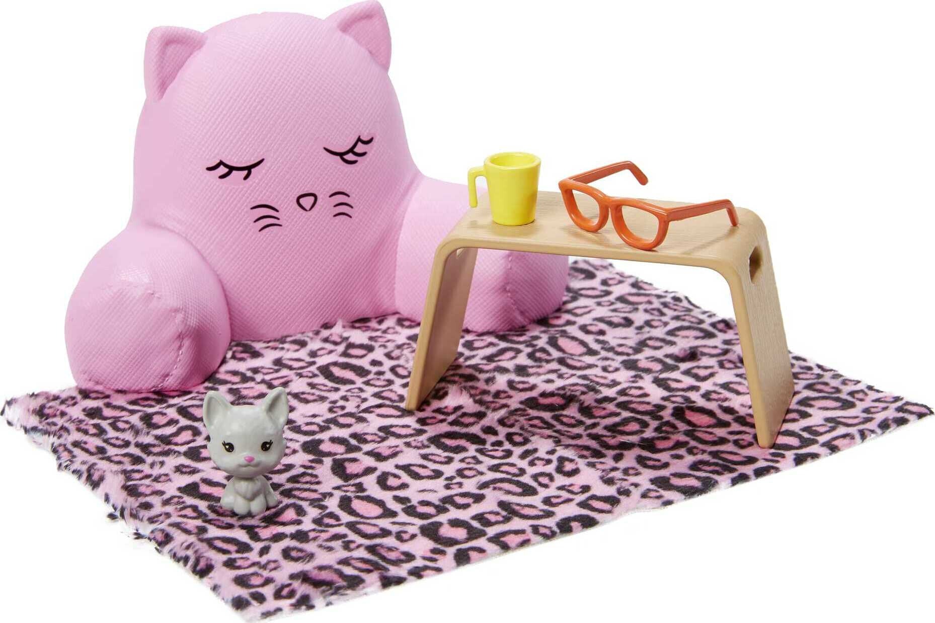 Barbie Doll Lounge Accessory Pack with 6 Pieces, Cozy Pillow, Blanket, Pet Cat and More