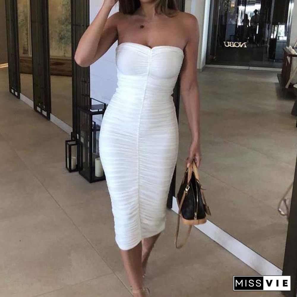 Summer Beach Midi Dress Women Slim Elegant Party Dress Ladies Sexy Strapless Backless Dresses Bodycon Tight Dress Female