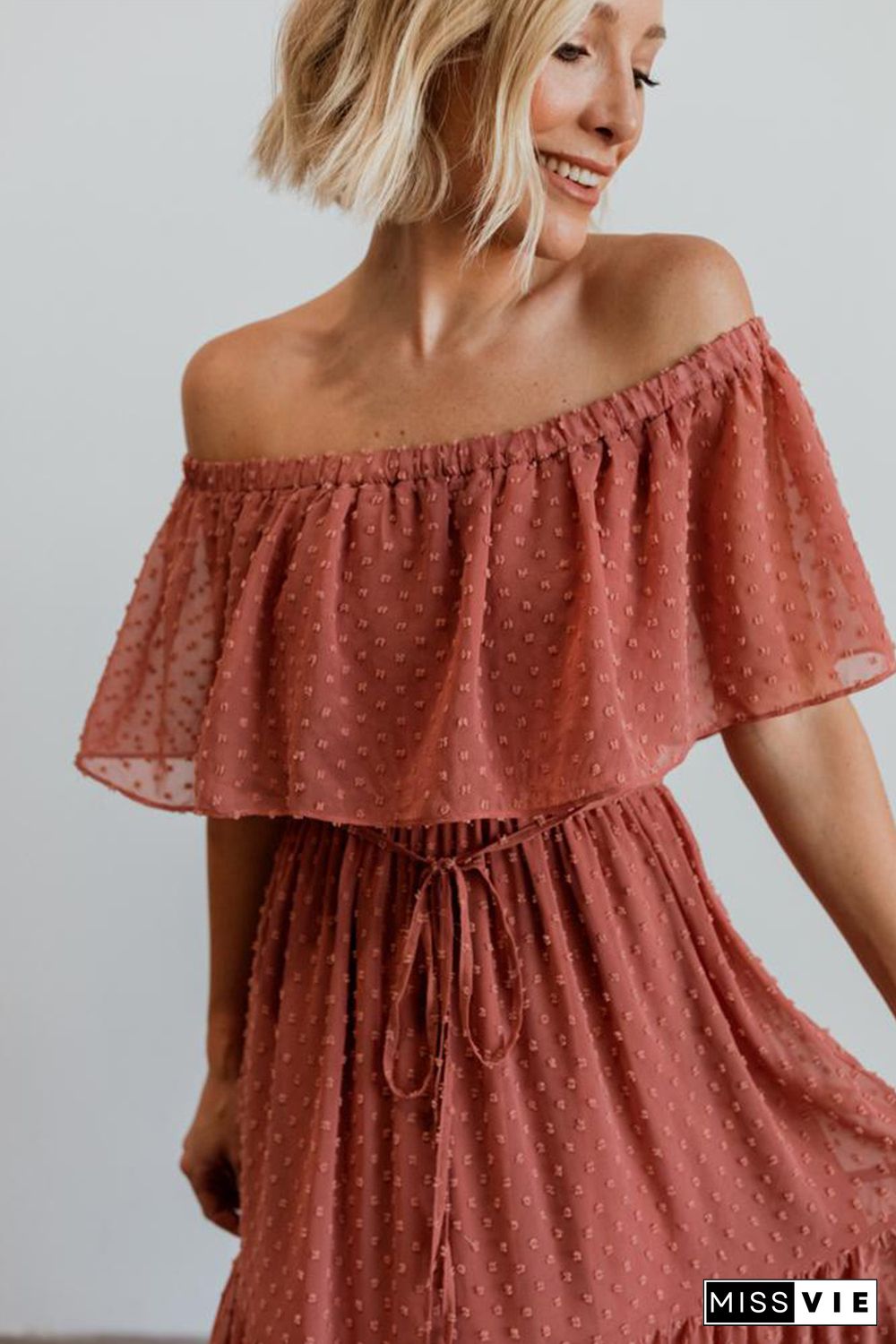 Rust Red Off Shoulder Ruffle Swiss Dot Maxi Dress