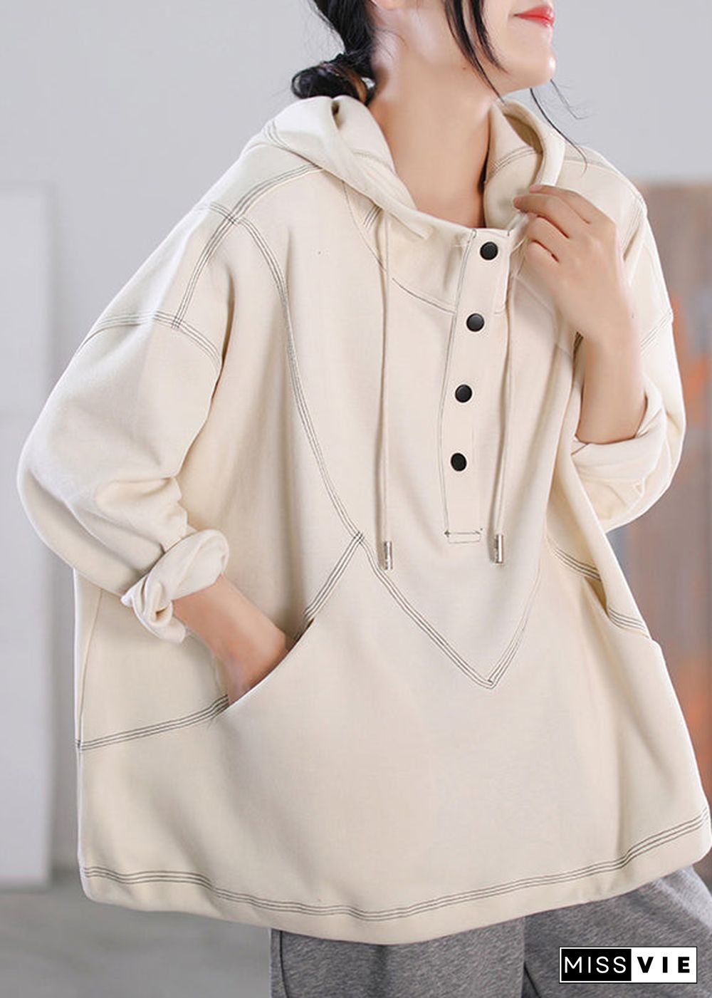 Simple Beige Patchwork Drawstring Button Pockets Hooded Sweatshirts Long Sleeve