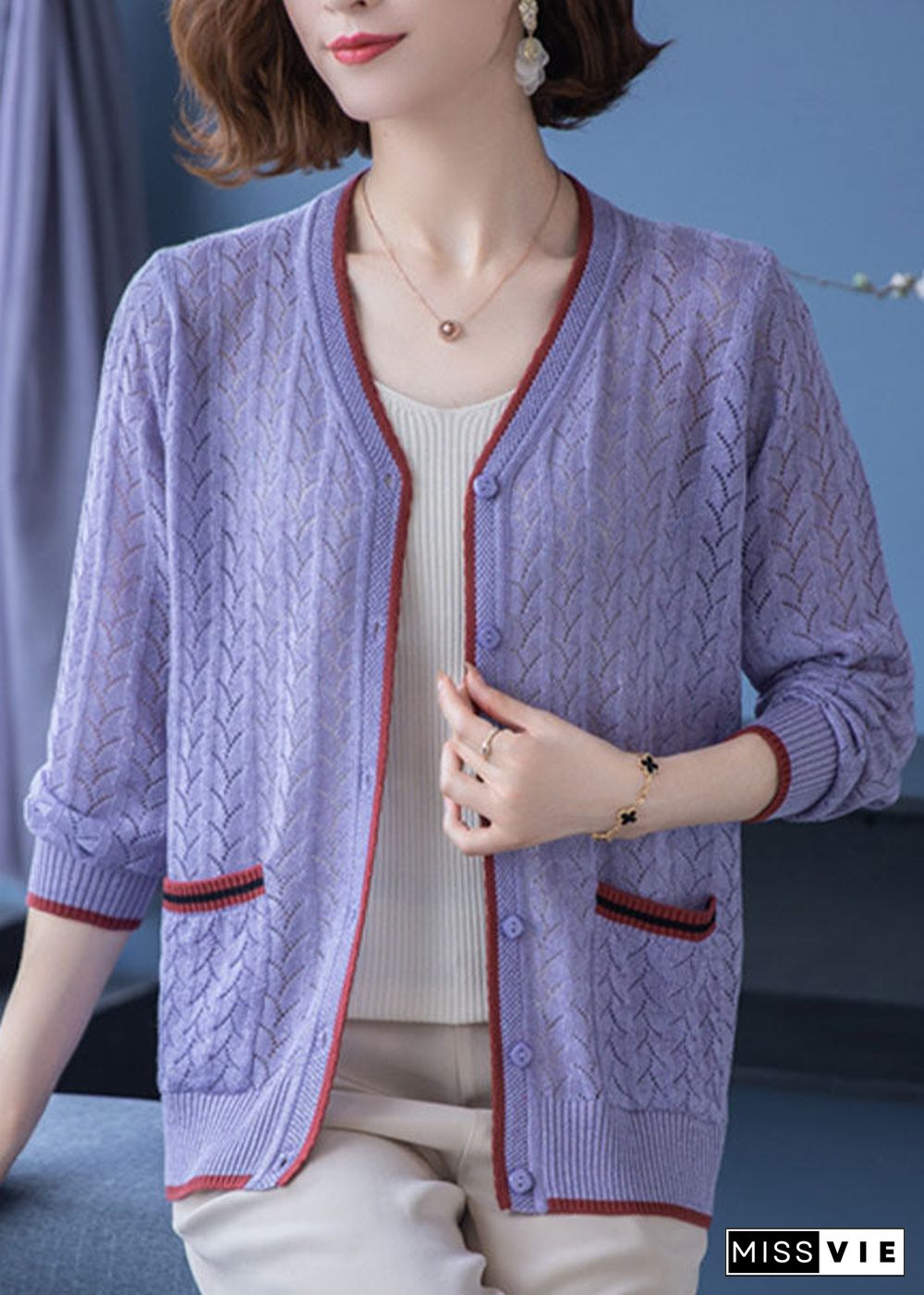 French Light Camel V Neck Pockets Hollow Out Patchwork Thin Knit Cardigan Fall