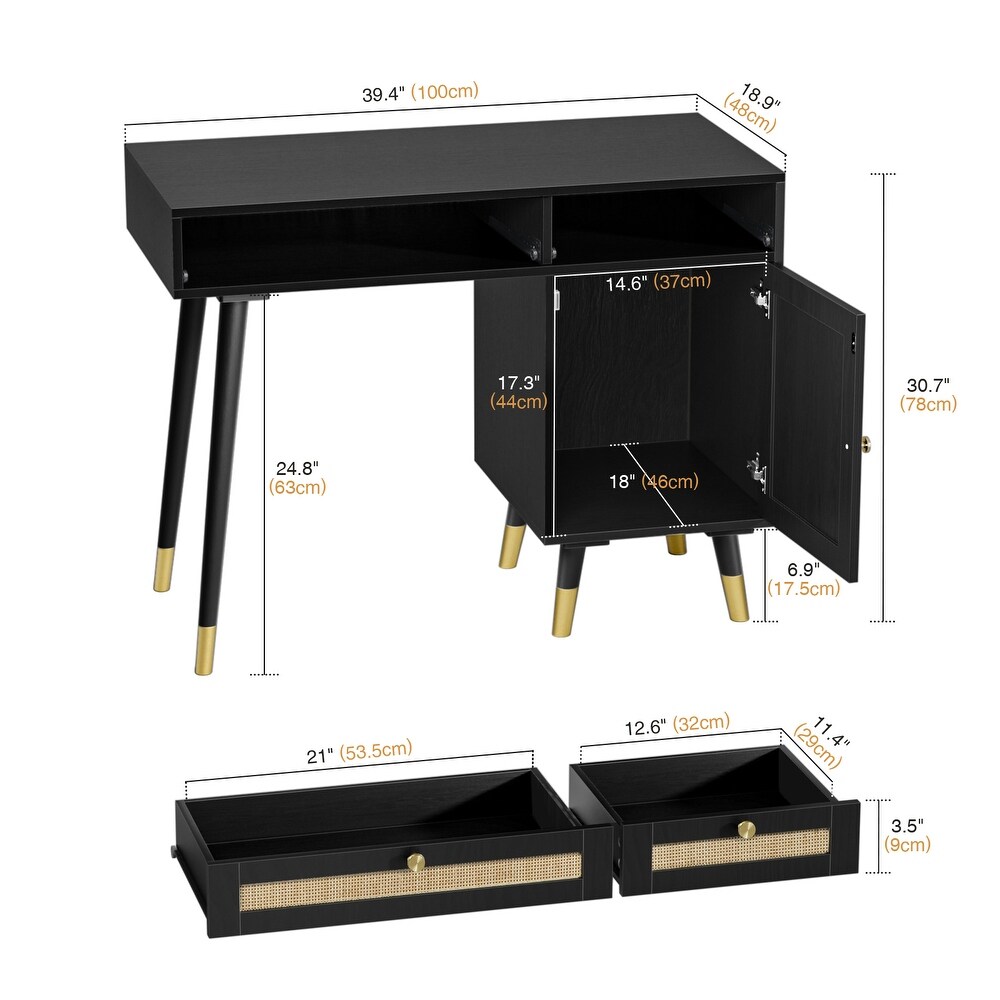 Farmhouse Rattan Computer Writing Desk   Black/Gold   39.4\