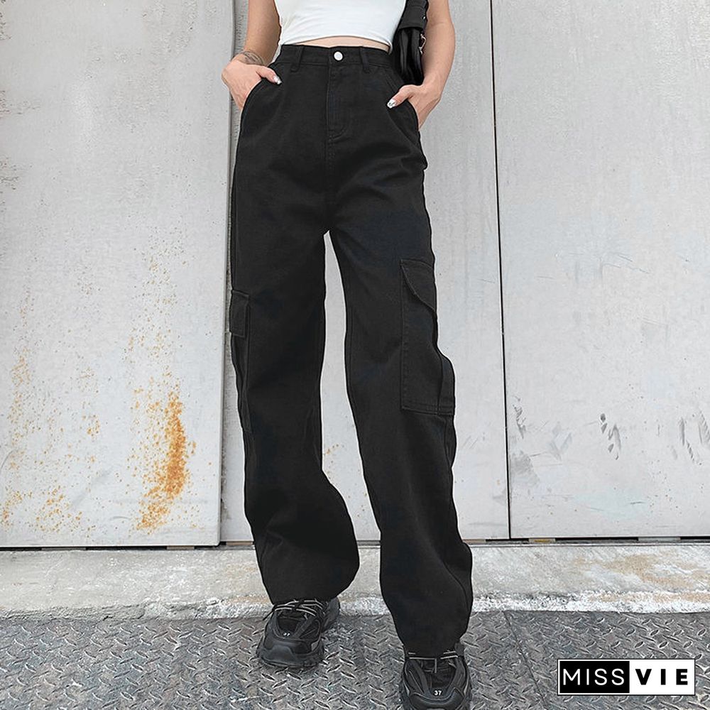 Vintage Loose Jean Cargo Pants Women High Waist Elastic Straight Trousers Casual Korean Pockets Hip Hop Pant Streetwear New