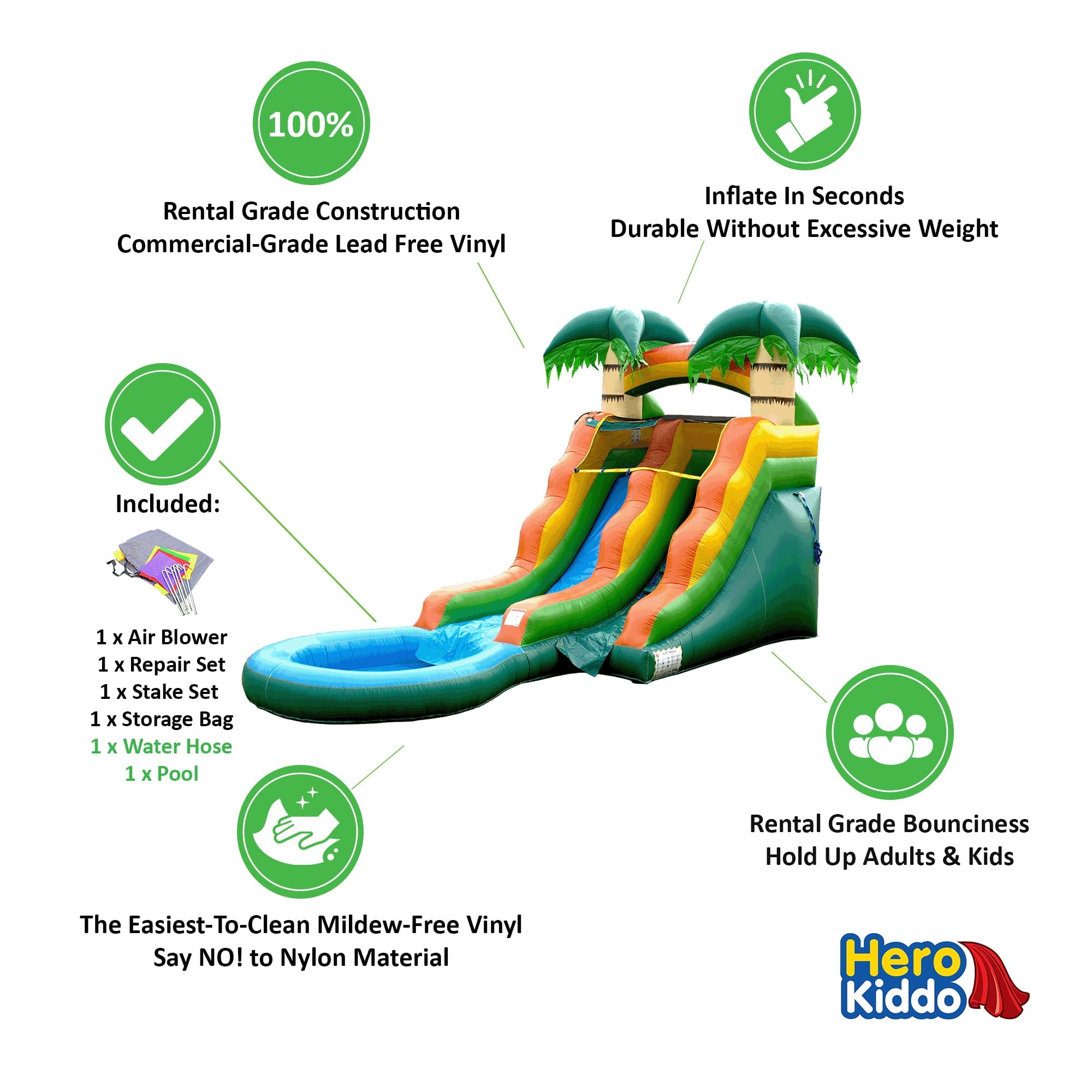 HeroKiddo Tall Water Slide Inflatable with Splash Pool for Kids and Adults (with Blower), Summer Breeze Theme, Commercial Grade, Backyard Water Park