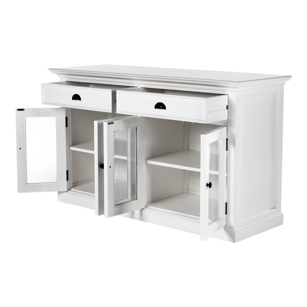 NovaSolo Halifax Coastal White Classic Buffet with Glass Doors  Solid Mahogany Frame  57.09 x 19.69 x 33.46