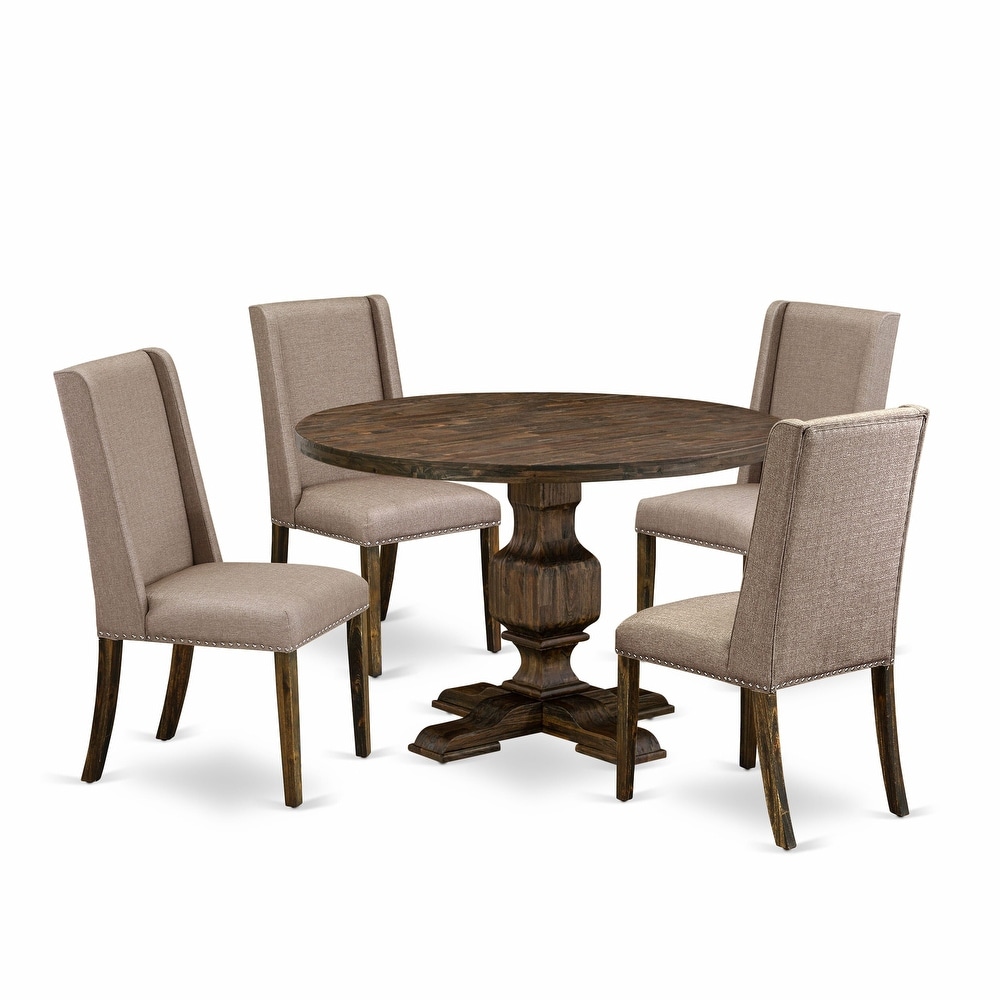 East West Furniture Table Set  a Round Table and Dark Khaki Linen Fabric Chairs  Distressed Jacobean (Pieces Option)