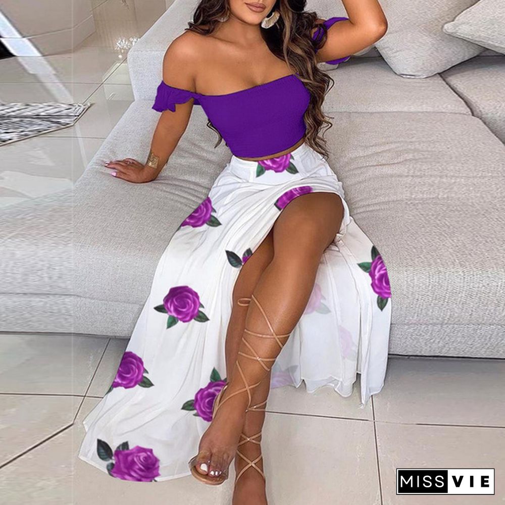 New Summer Women Dress Elegant Two Pieces Sets Offshoulder Flower Printed Skirt Split Party Dress Sexy Dress Set Suit Outfit Plus Size