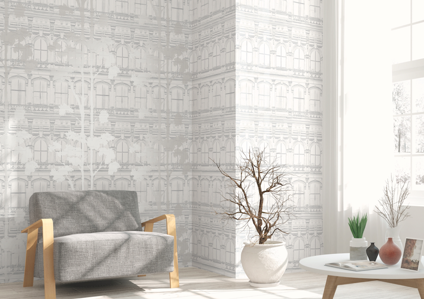 Architecture with Tree Shadow Wallpaper in Blue, Grey, and Cream from the Transition Collection