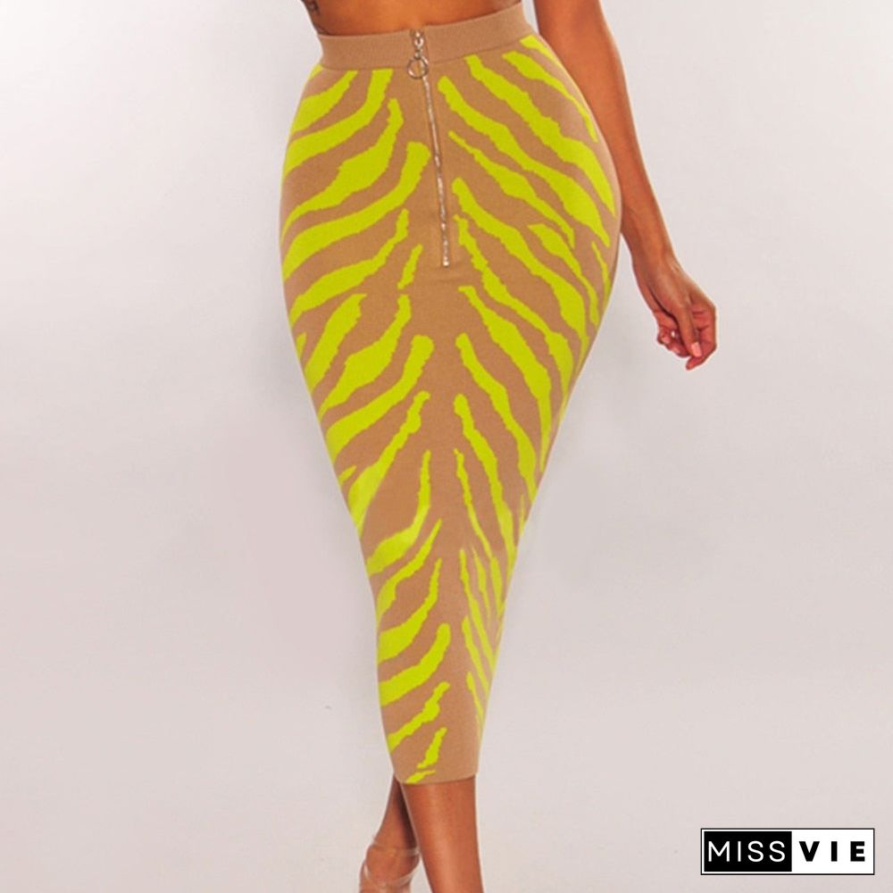 New Arrival Fashion Long Bandage Skirt Women Lime Zebra Print Bodycon Bandage Skirt Midi Club Party Skirt