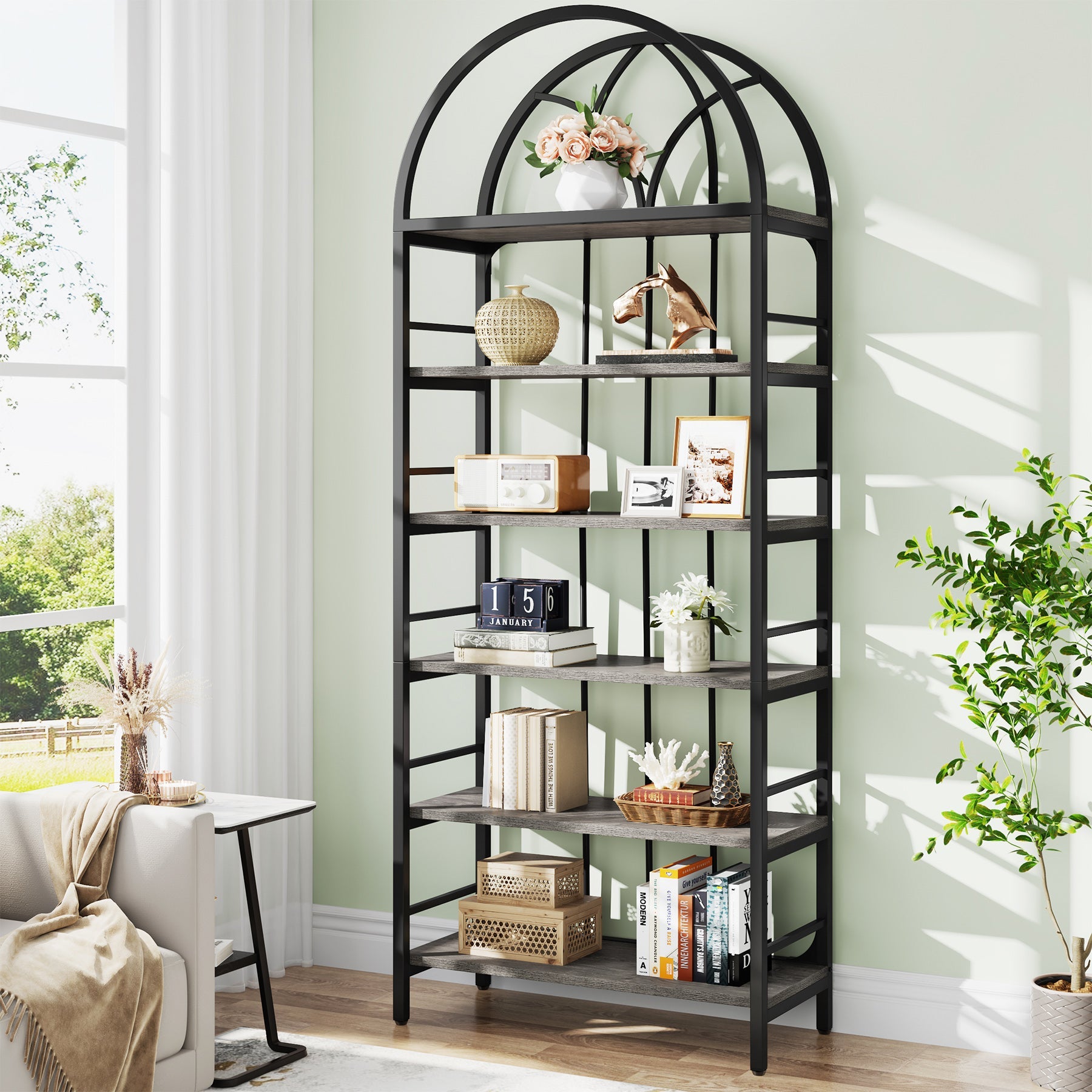 6-Tier Arched Bookshelf, 78.7 Industrial Bookcase Storage Shelving Unit