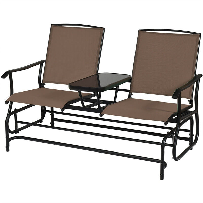 Outdoor 2-Person Rocking Loveseat Patio Bench Glider Chair with Center Tempered Glass Table