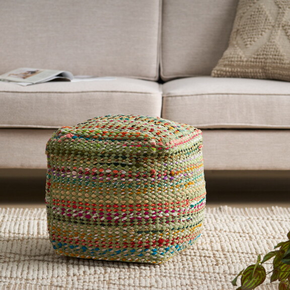 Madrid Handcrafted Boho Fabric Pouf  Sage and Mult...