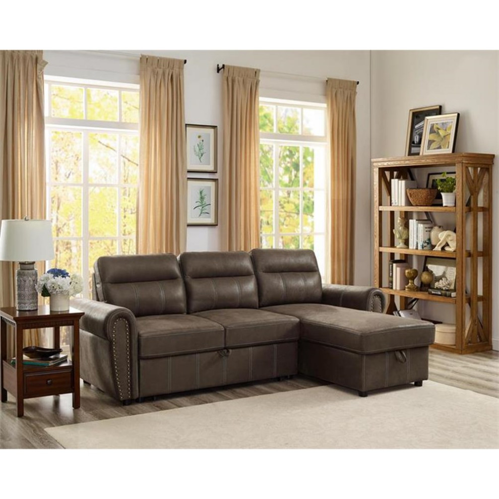 Bowery Hill Ashton Saddle Brown Microfiber Reversible Sleeper Sectional   Transitional   Sleeper Sofas   by Homesquare  Houzz