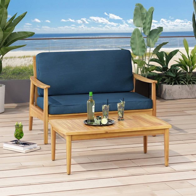 2pc Willowbrook Patio Acacia Wood Loveseat Set With Coffee Table Teak dark Teal Christopher Knight Home