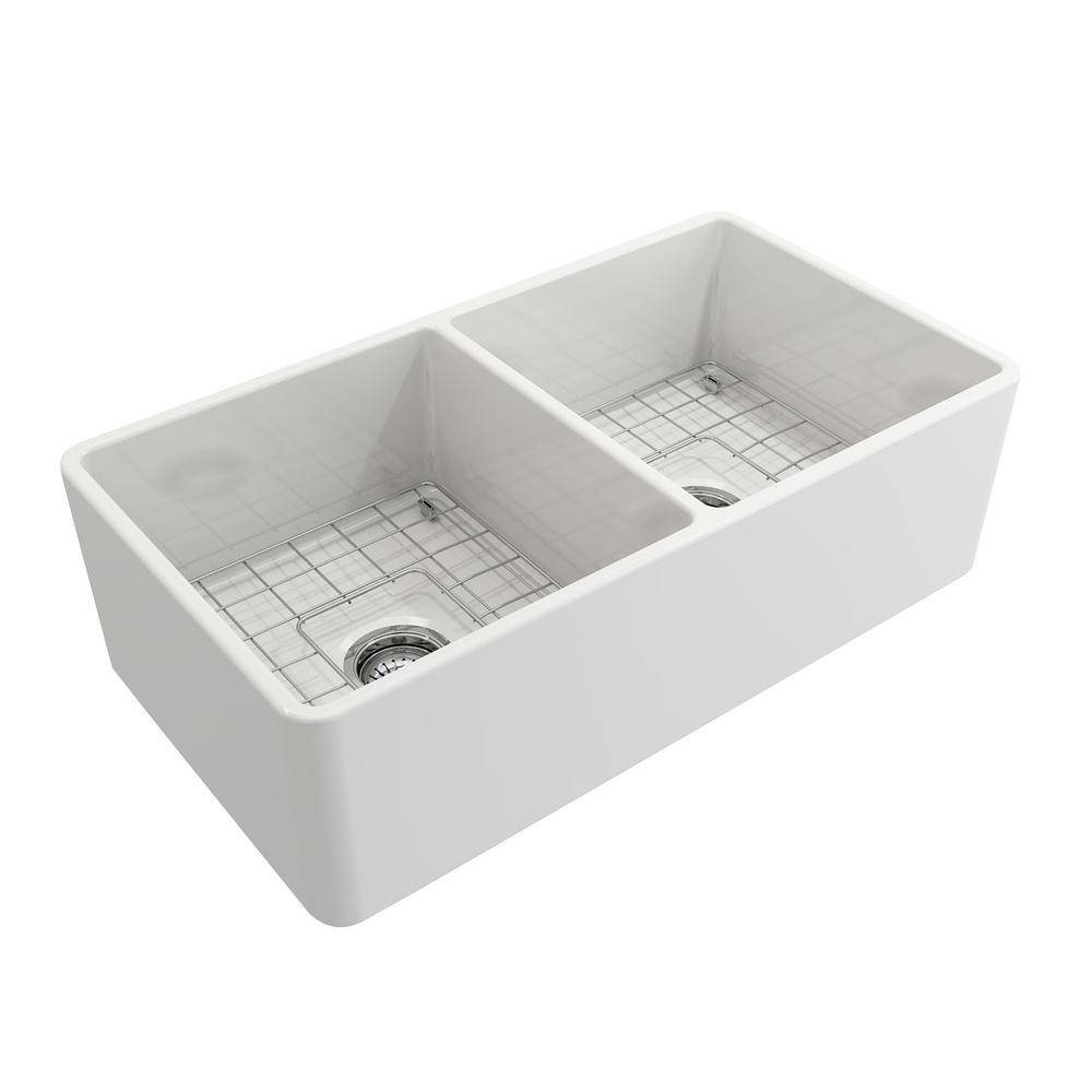 Barclay Products Langley Farmhouse Apron Front Fireclay 33 in. 5050 Double Bowl Kitchen Sink in White FSDB1530-WH