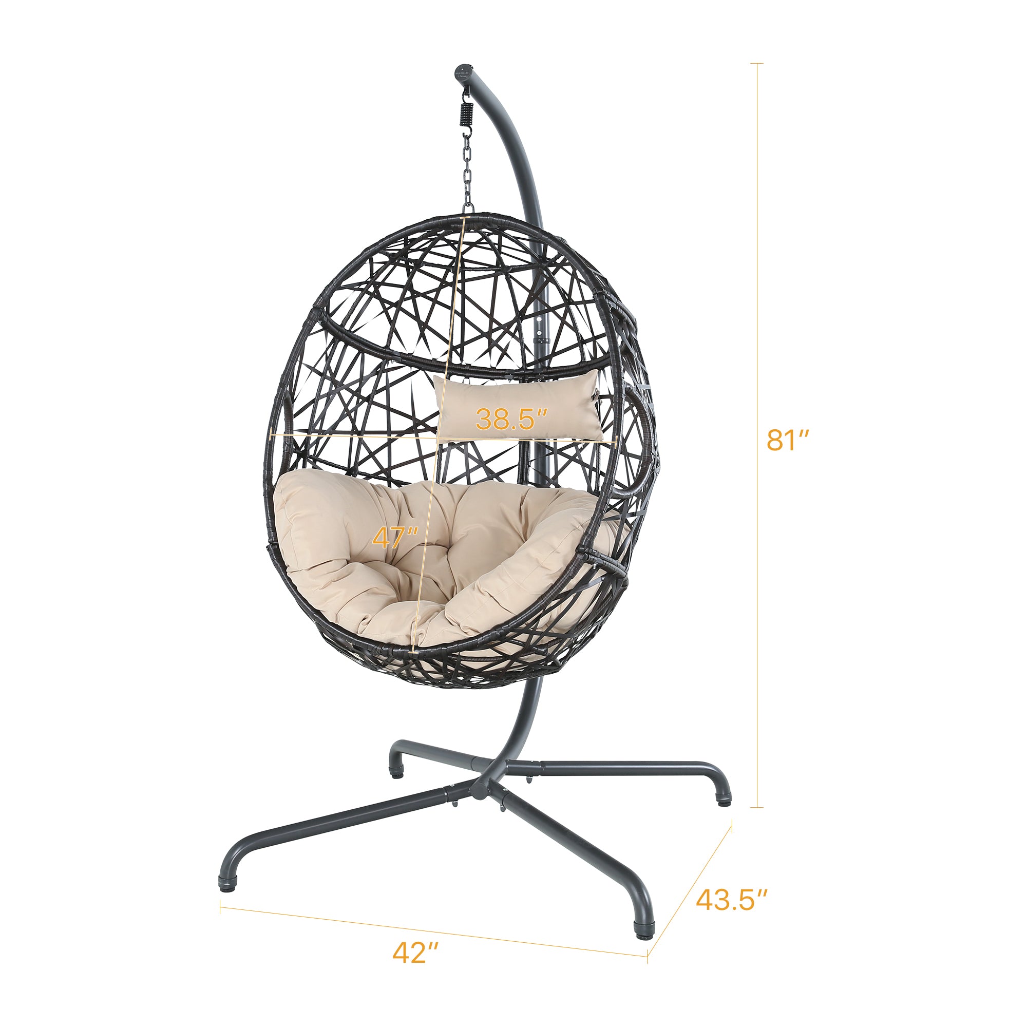 Iwicker Patio Wicker Hanging Egg Chair Outdoor Rattan Swing Chair with Stand and Cushions, Beige