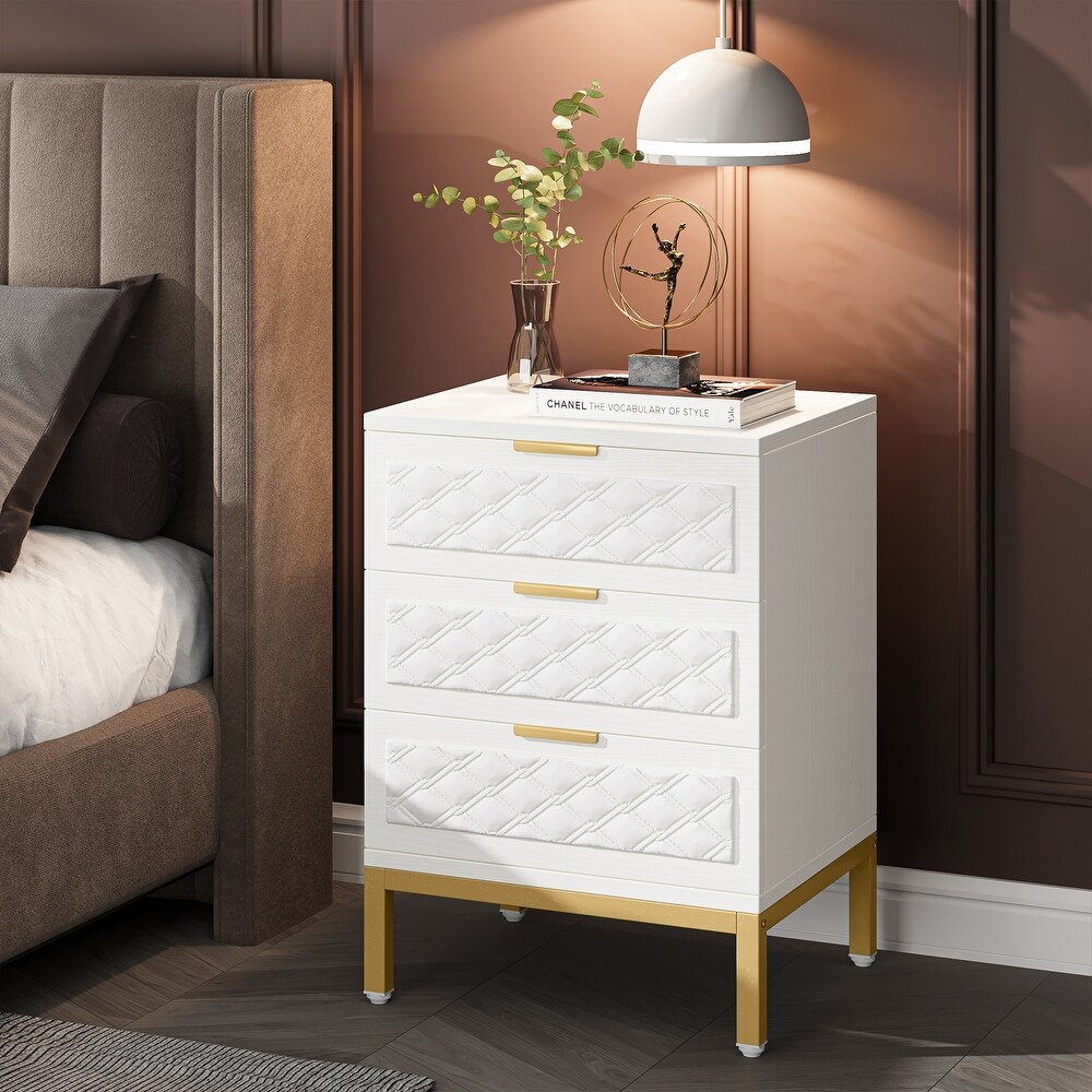 3 Drawer Nightstand  Modern Beside Table End Table with Storage Drawers and Gold Legs