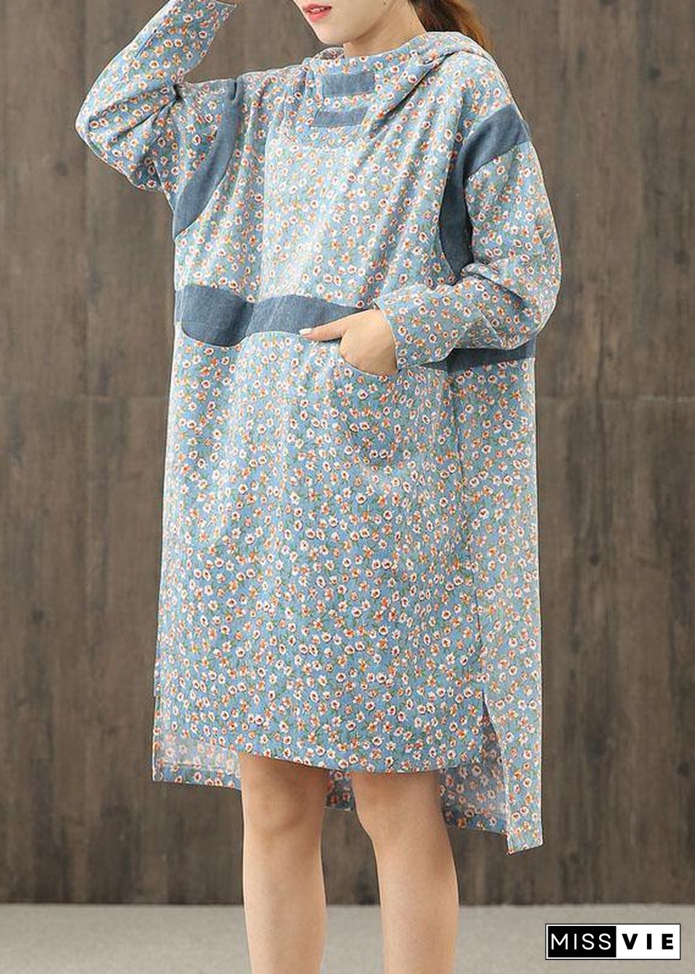 Simple blue print hooded patchwork shift Dresses