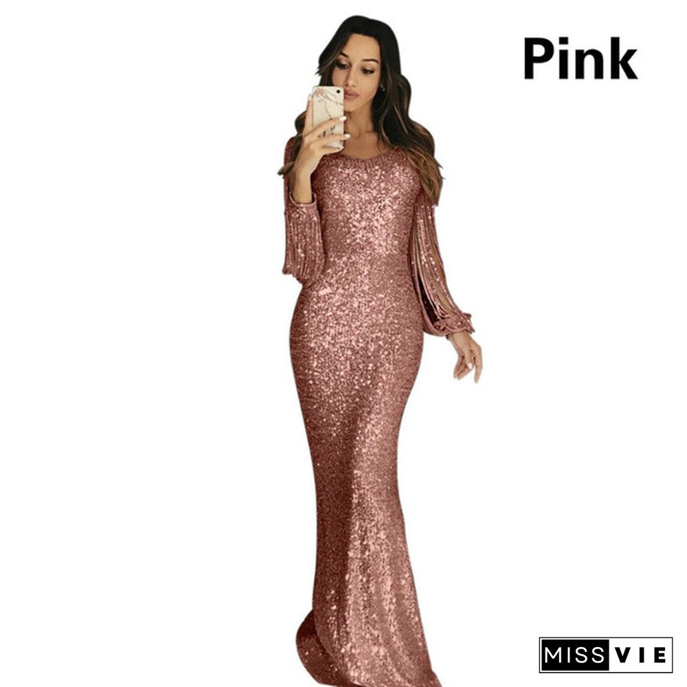 Luxurious Round Neck Bling Prom Dress Long Sleeve Tassel Charming Sequins Mermaid Evening Dress Party Dress Stage Performance Clothing