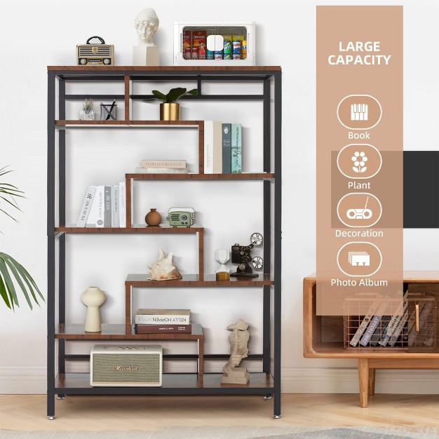 Jomeed 7 Tier Industrial Steel Open Display Asymmetrical Bookshelf Bookcase Organizer Rack For Home Living Room And Office Black brown