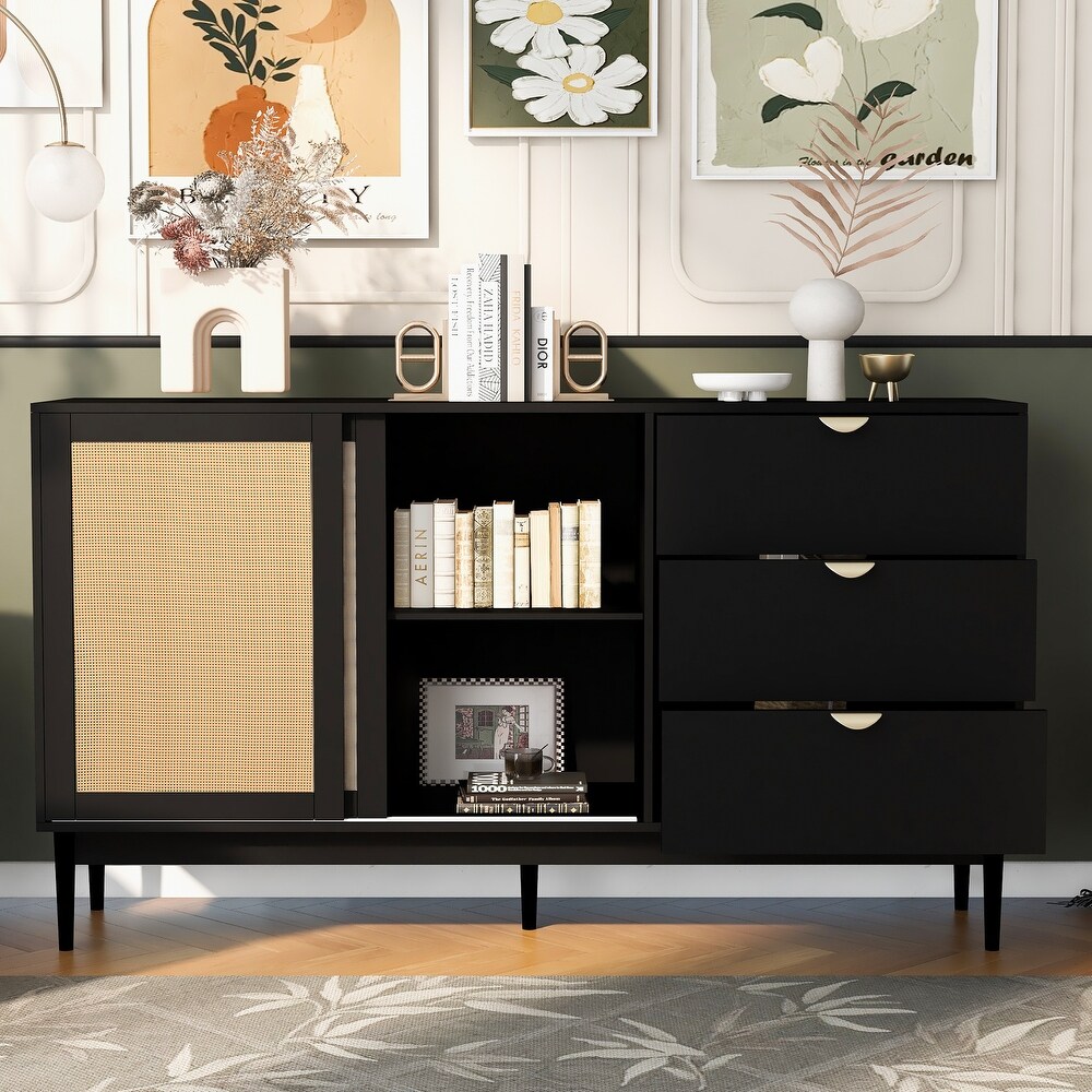 Wooden Featured 2 Door Storage Cabinet with 3 Drawers and Metal Handles   63\