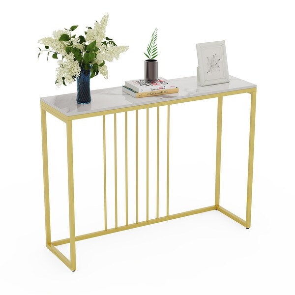 Sintered Stone Marble Skinny Console Table Gold Metal Frame Accent - 39.4x11.8x30.9in