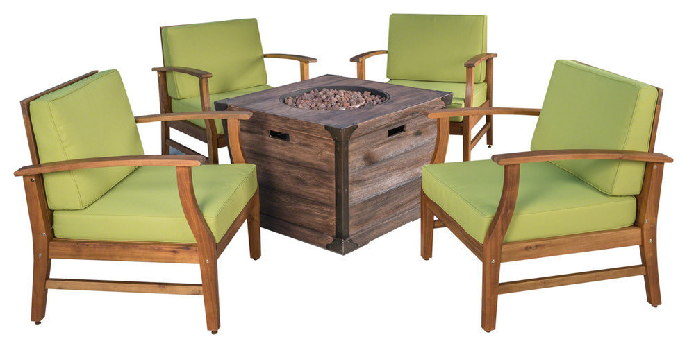 GDF Studio Belle Outdoor 4 Seat Fire Pit Chat Set With Acacia Wood Club Chair   Contemporary   Outdoor Lounge Sets   by GDFStudio  Houzz