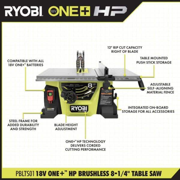 RYOBI ONE+ HP 18V Brushless Cordless 8-1/4 in. Compact Portable Jobsite Table Saw Kit with (2) 4.0 Ah Batteries and Charger PBLTS01K