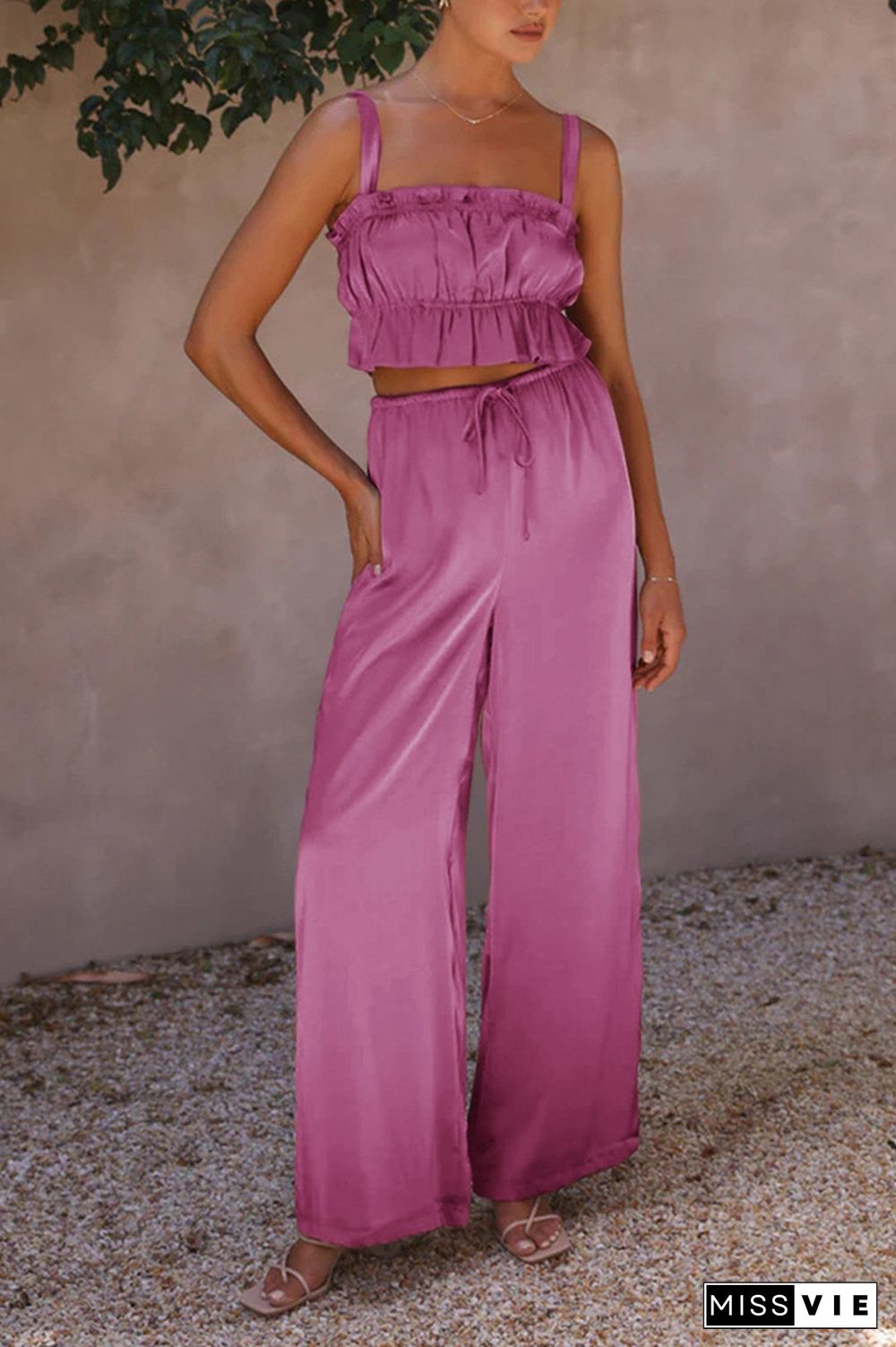 Plain Ruched Cami Crop Top With Wide Leg Pants 2pcs Set