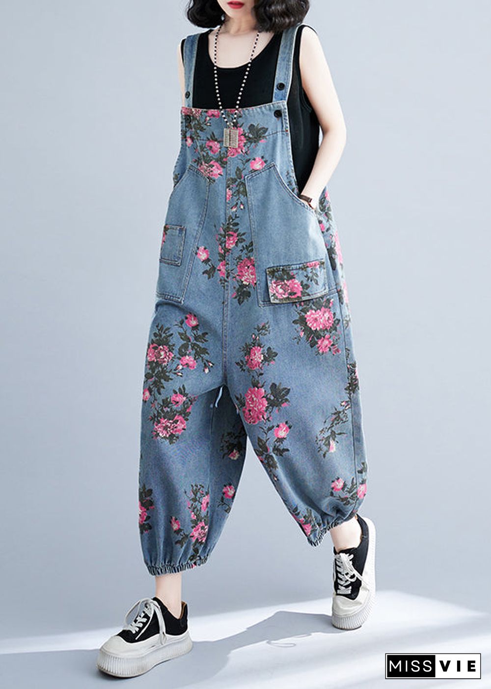 Bohemian Light Blue Oversized Print Pockets Denim Jumpsuits Summer