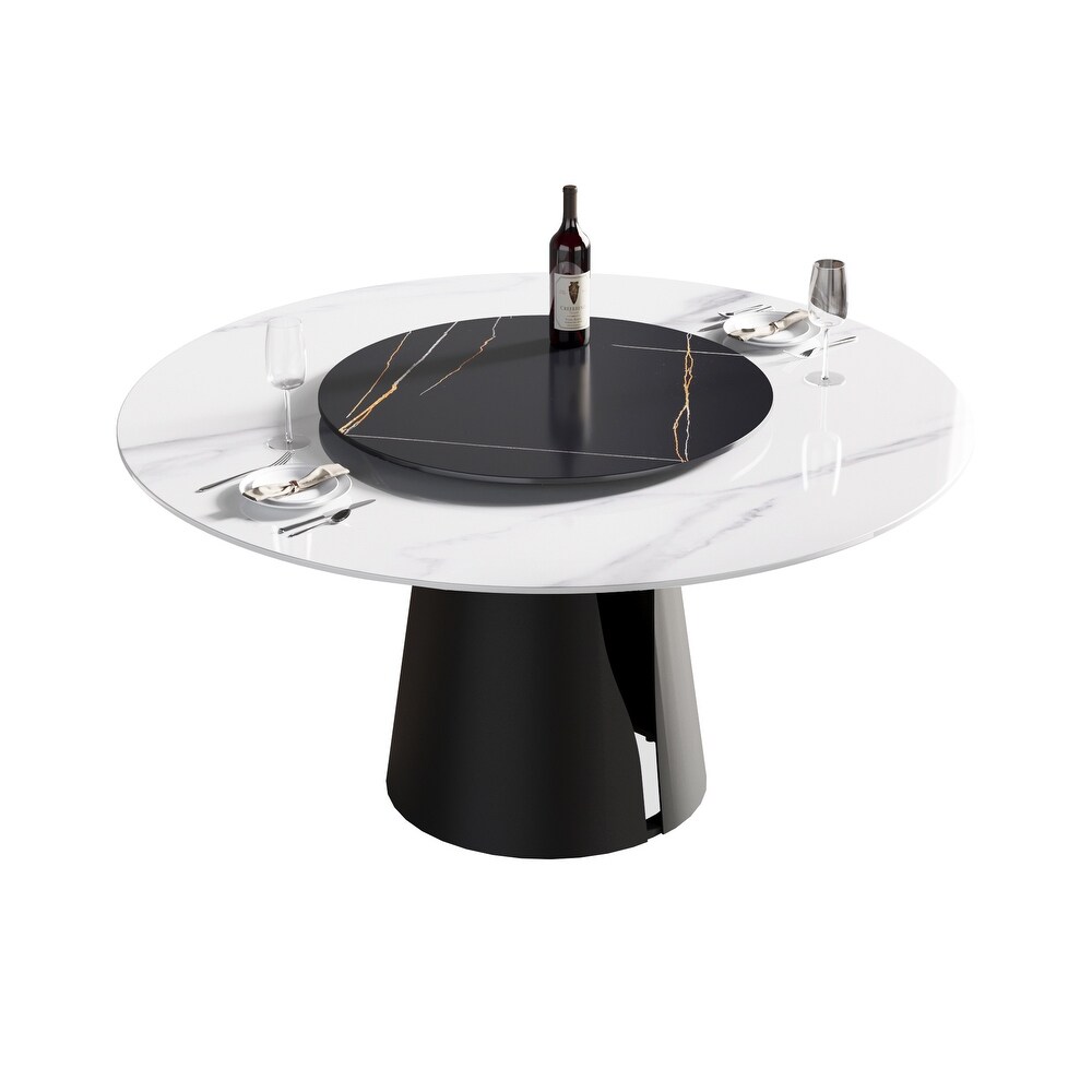 Modern Round Slate Kitchen Dining Table  Black Pedesta and Turntable    59.05 inch   N/A