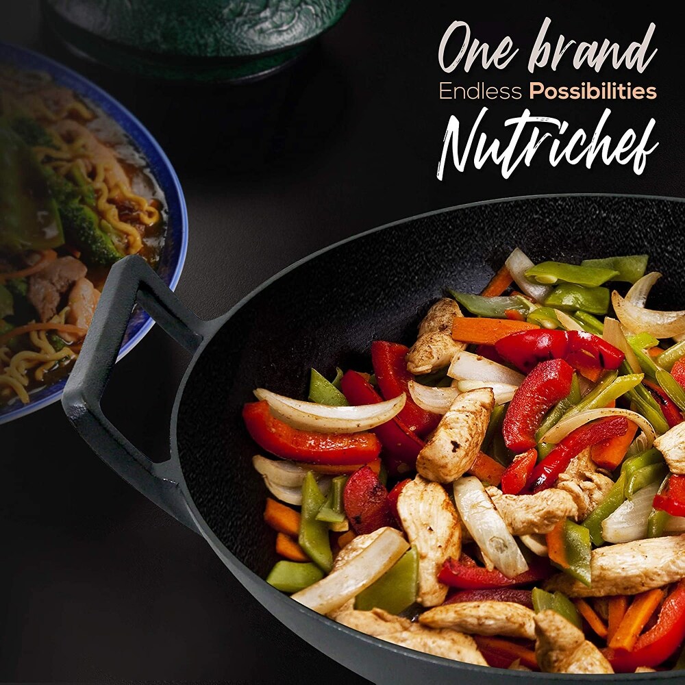 NutriChef Pre Seasoned Cooking Wok Cast Iron Stir Fry Pan with Wooden Lid  Black