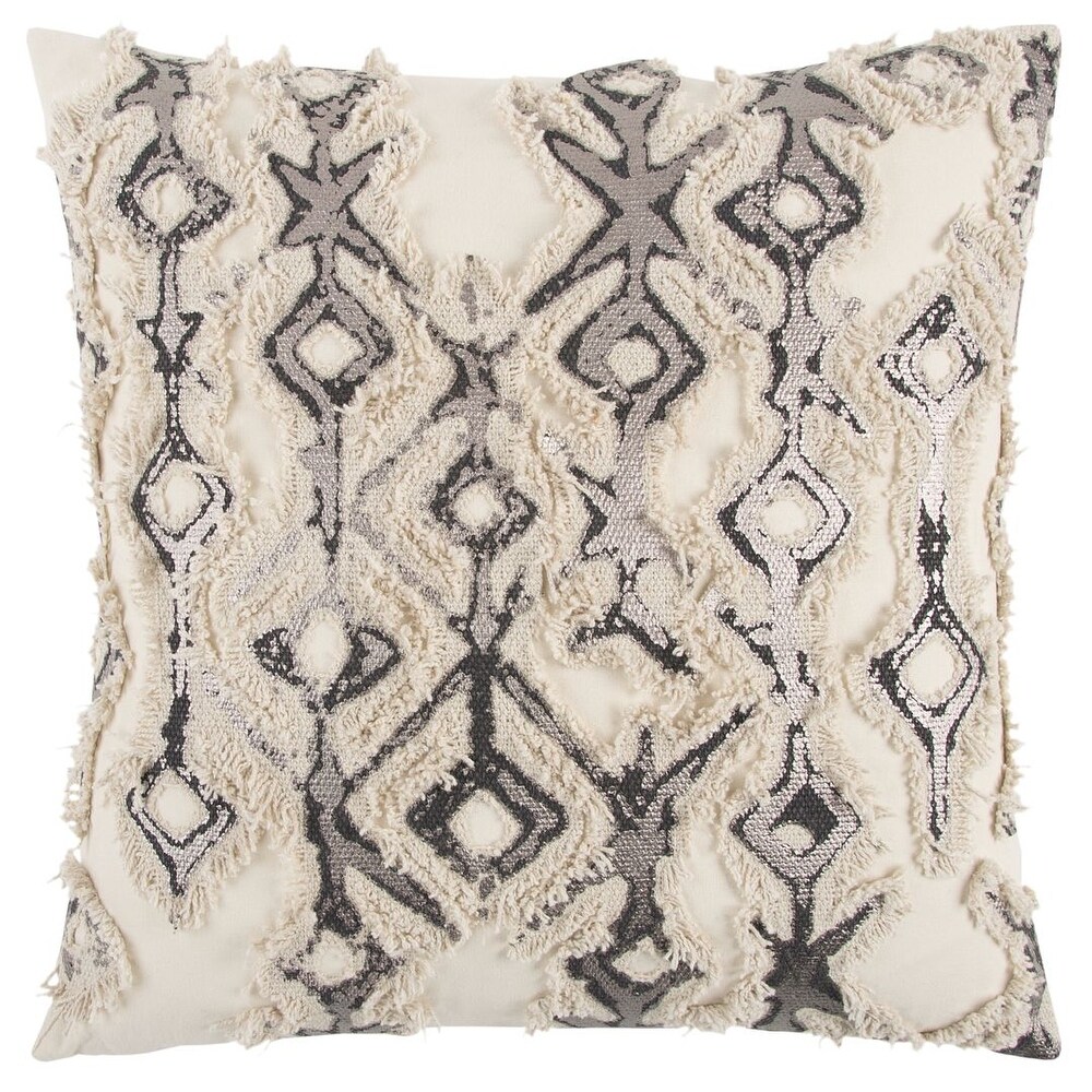 Rizzy Home Ivory  Metallic Silver  and Charcoal Abstract Throw Pillow