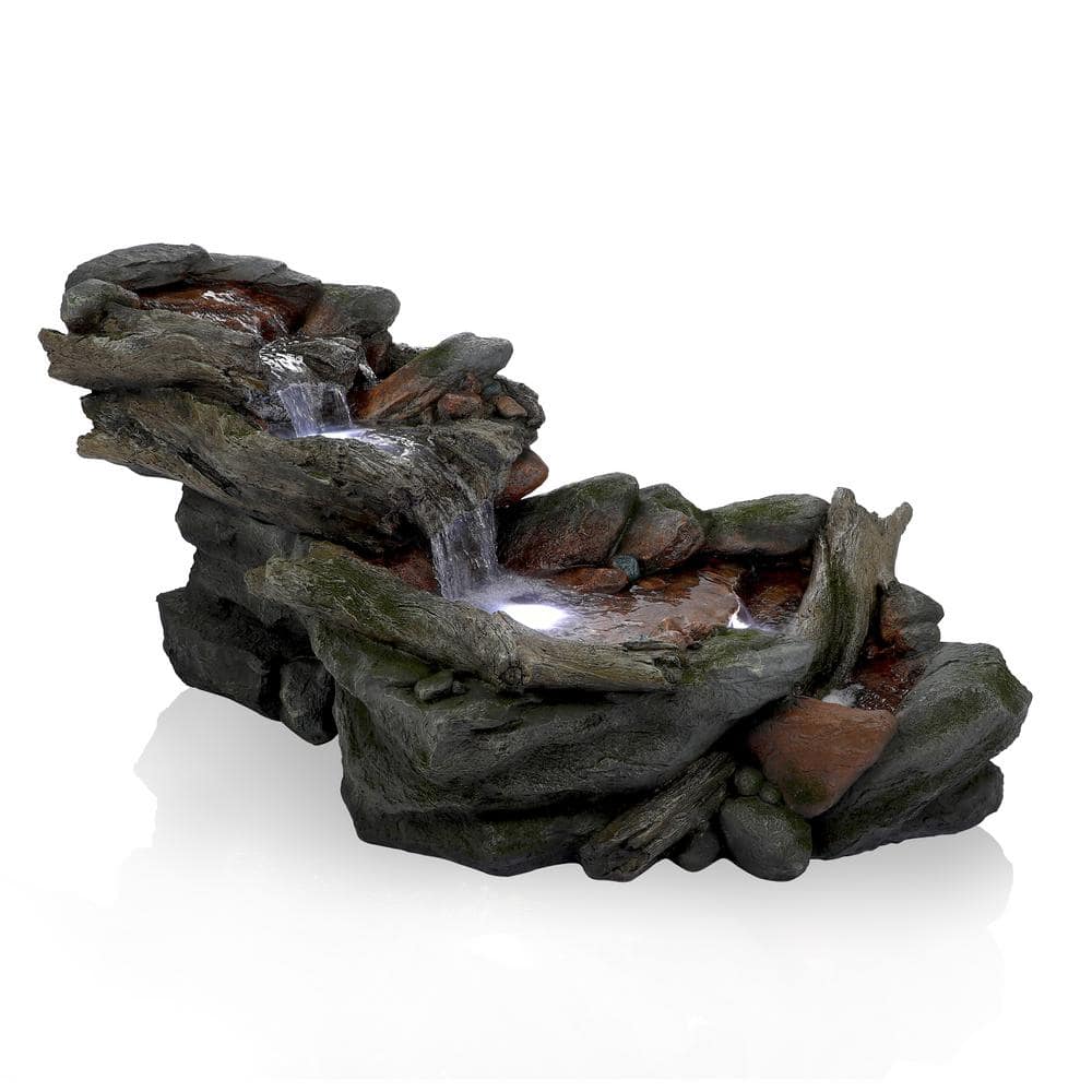 Alpine Corporation 60 in. Long Outdoor 3-Tier Rainforest Rock River Water Fountain with LED Lights WIN558