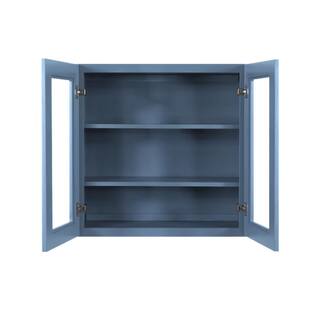 LIFEART CABINETRY Lancaster Blue Plywood Shaker Stock Assembled Wall Glass-Door Kitchen Cabinet 30 in. W x 12 in. D x 30 in. H ALB-WMD3030