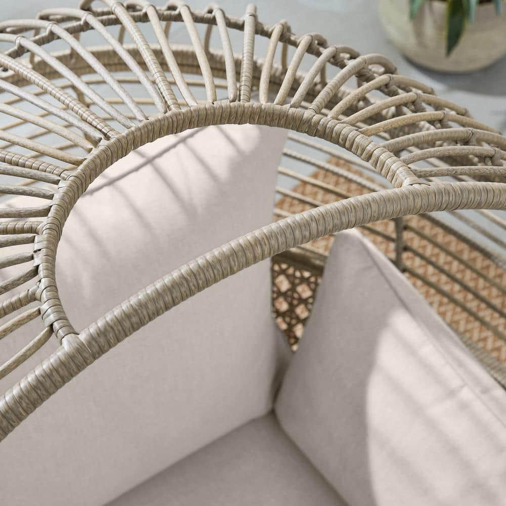 Hampton Bay Tan Stationary Wicker Round Outdoor Lounge Egg Chair with CushionGuard Almond Biscotti Cushions