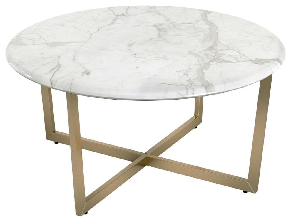 Contemporary Coffee Table  Crossed Golden Base  ampLaminated Round Faux Marble Top   Contemporary   Coffee Tables   by Decor Love  Houzz