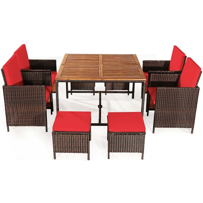 9 Pcs Rattan Wicker Outdoor Patio Dining Set with Acacia Wood Dining table, 4 Ottomans, 4 Cushioned Armchairs