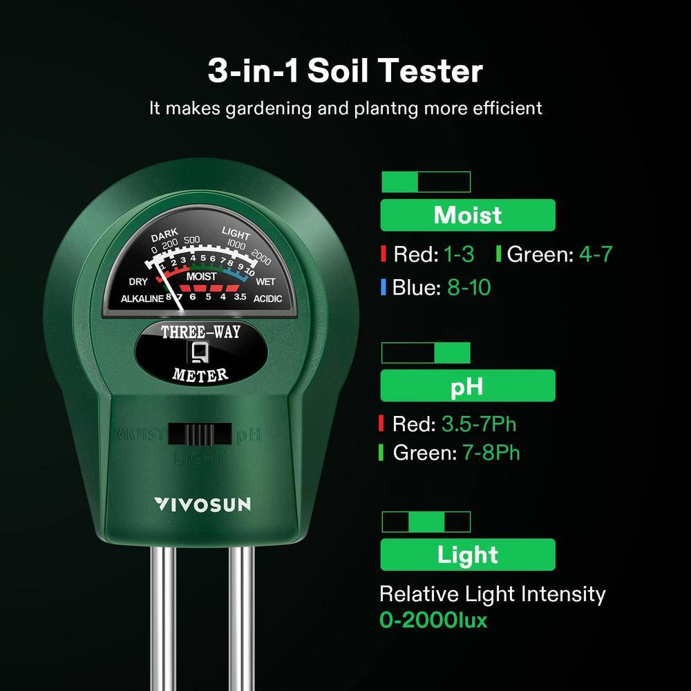 VIVOSUN 10.04 in. x 2.36 in. Plant Moisture Meter Light PH 3-in-1 Soil Tester wal-ST-003